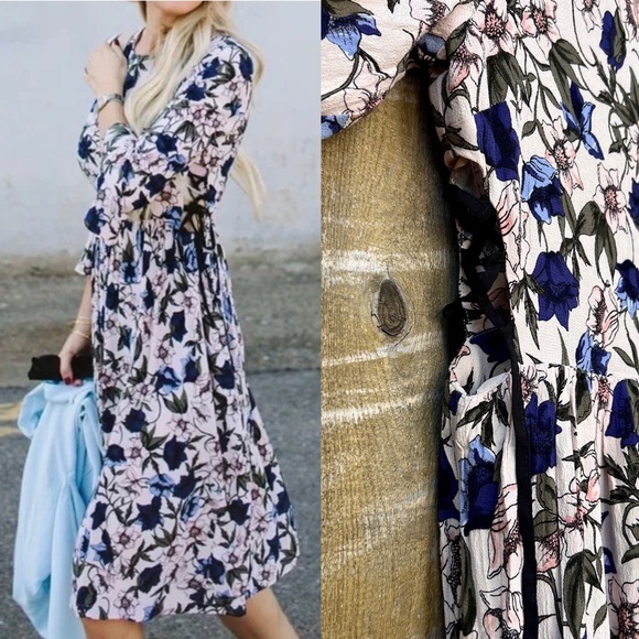 Pink Floral Lace-Up Side Bellsleeve Midi Dress 🌿 - Picture 3 of 12